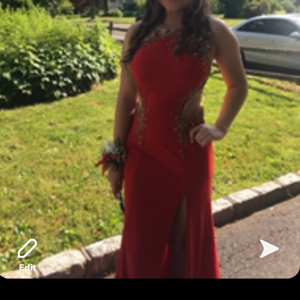 GLS Red With Gold Beads Long Prom Dress With Slit - Picture 2 of 14